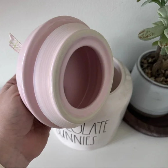 NEW Rae Dunn Chocolate Bunnies Canister 8.5” Tall | Pink Lid - Picture 3 of 6